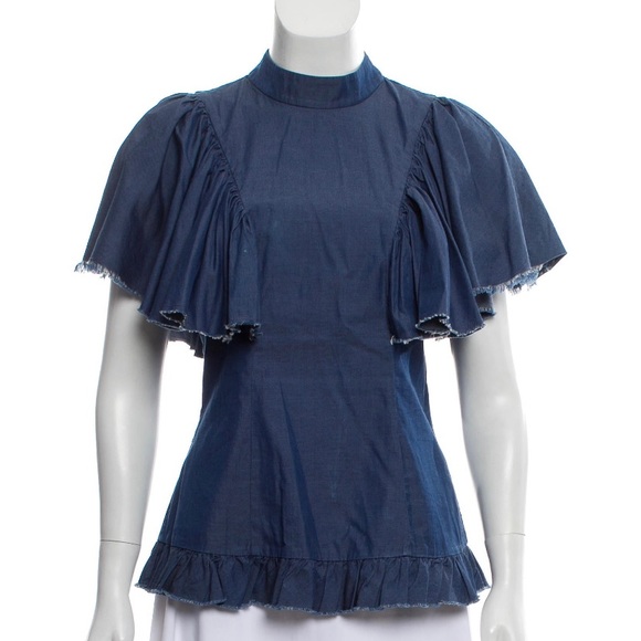 Caroline Constas Ruffle Denim Top - Picture 1 of 10